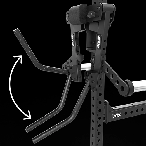 Close-up of an adjustable ATX fitness equipment attachment with two padded vertical grips and two angled metal bars, shown in different positions, against a black background. White arrow indicates the adjustable motion.