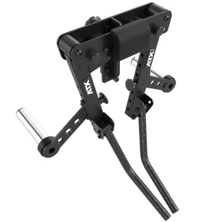 A black and silver adjustable fitness machine attachment with padded support and multiple grip handles, labeled ATX, designed for strength training exercises.