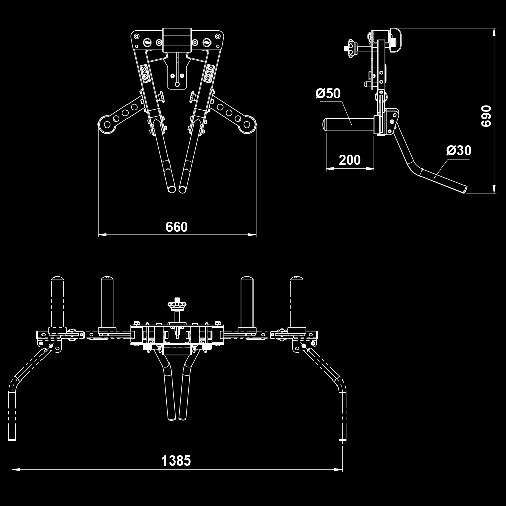 Technical drawing of a mechanical device with three views: front, side, and top. Dimensions are labeled as 660 mm, 690 mm, 1385 mm, and Ø50 mm, Ø30 mm, and 200 mm. Components and handles are visible.