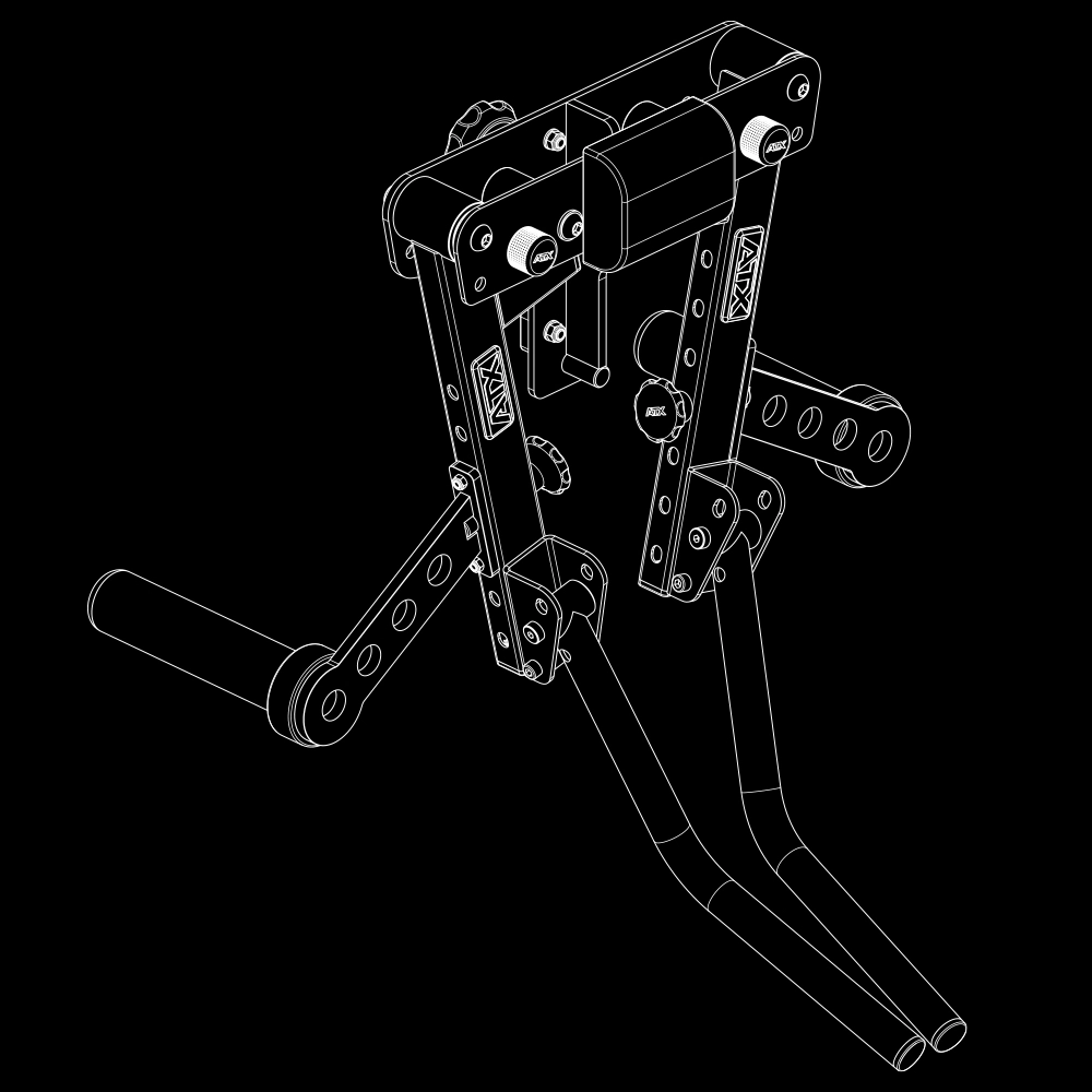 Line drawing of a mechanical device with two long handles, pivot arms, multiple bolts, and adjustment knobs, viewed at an angle on a black background; resembles gym equipment or a mechanical linkage.