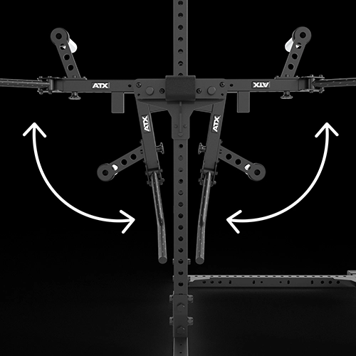 A black fitness rack attachment with adjustable levers and pivoting arms is shown against a black background. White arrows indicate the movement range of the arms.