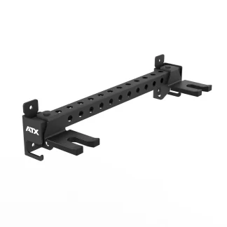 A black, metal ATX-branded bracket with multiple circular holes along its length, featuring hooks and mounts on both ends, designed for mounting or supporting equipment.