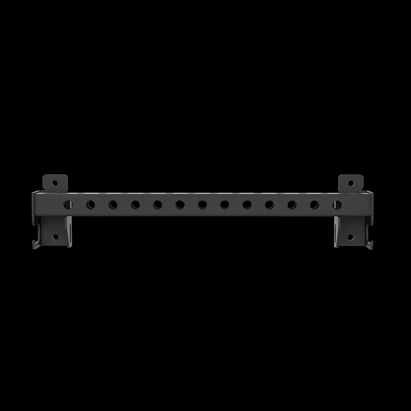 A black metal mounting bracket with multiple circular holes evenly spaced along its length, set against a solid black background.