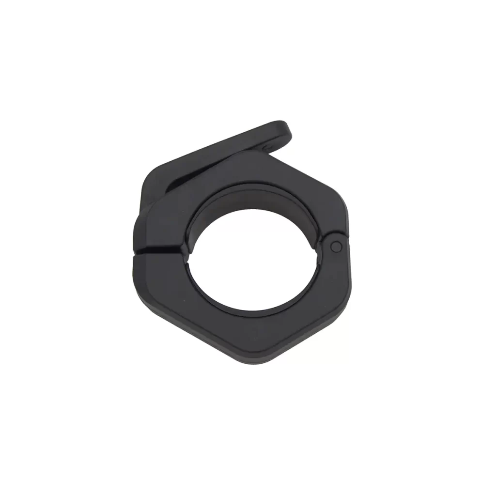A black hexagonal plastic clamp with a quick-release lever, designed to secure onto a cylindrical object such as a bar or tube. The clamp is shown against a plain white background.