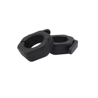 Two black, hexagonal barbell collars made of plastic are shown on a white background. The collars are designed to secure weight plates on a barbell during workouts.