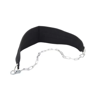 A black padded weightlifting dip belt with a metal chain and carabiner attached at both ends, designed for adding weights during bodyweight exercises.