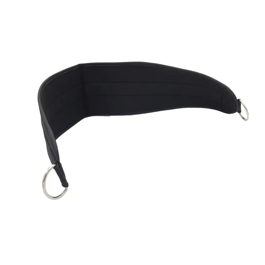 A black, padded strap with two metal rings at each end, displayed on a white background.