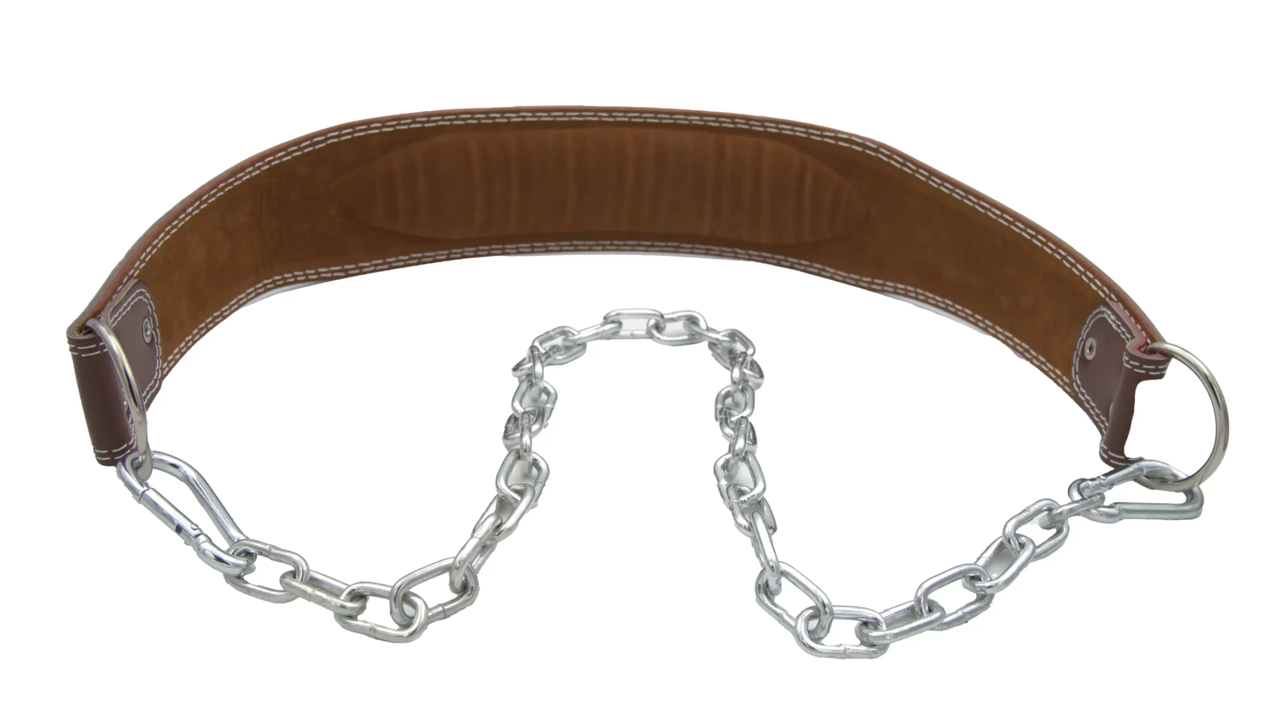 A brown leather and metal chain dog collar with a padded section and a metal ring, isolated on a white background.