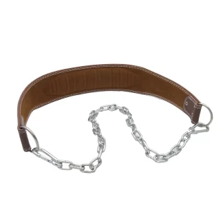 A brown leather weightlifting dip belt with a thick padded section and a metal chain attached to both ends for holding weights.