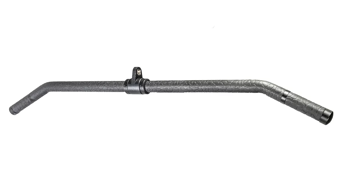 A single, textured, dark gray metal pipe with bends at both ends and a mounting bracket attached near the center, isolated on a white background.