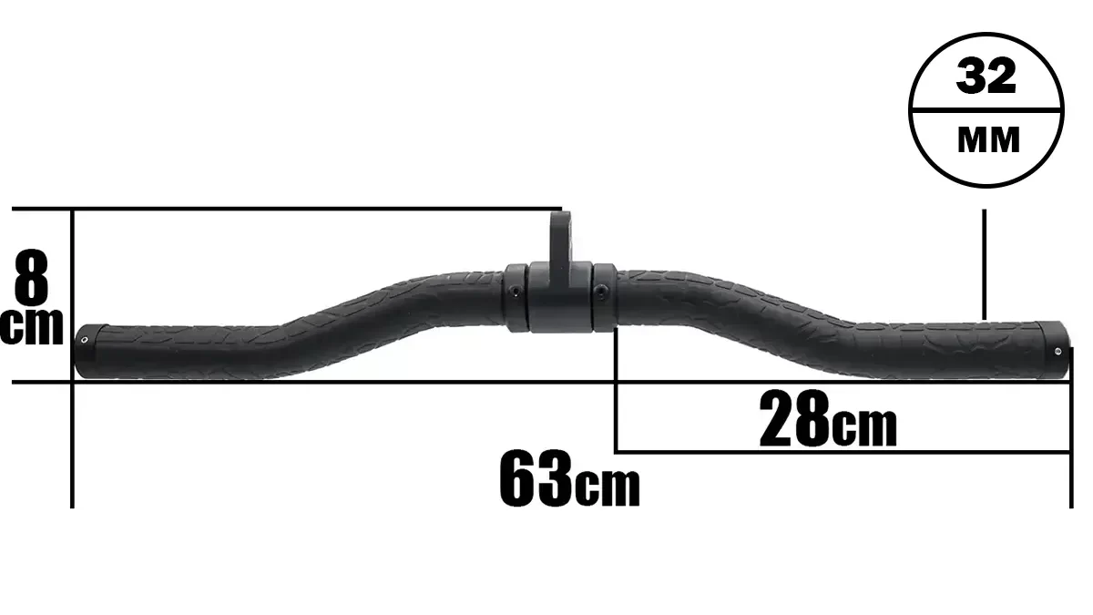 The Thick Revolving EZ Curl Bar, black, measures 63 cm in width, 8 cm in height, with a 28 cm grip extension and a 32 mm diameter. Shown on a white background with measurement lines; its design resembles a sturdy bicycle handlebar.