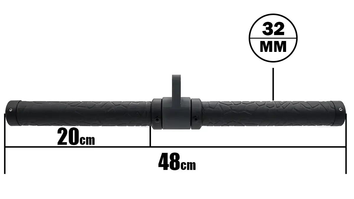 The Thick Revolving Straight Bar features a 32 mm diameter, textured grips, central mounting bracket, 48 cm total length, and 20 cm handle length per side.