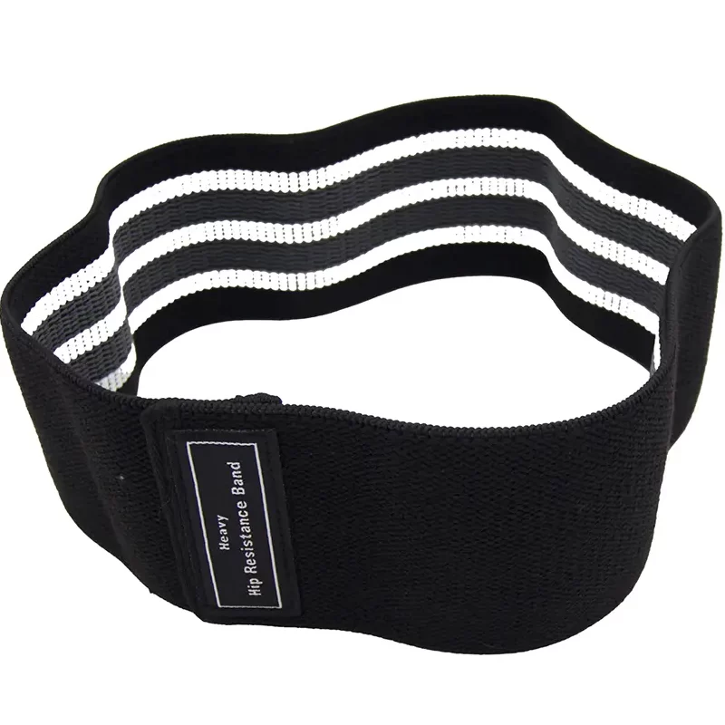 A black fabric resistance band with three white horizontal stripes and a small label that reads Hip Resistance Band on a plain white background.