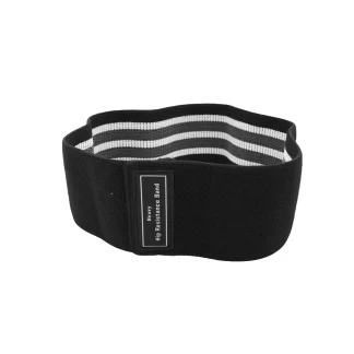 A black fabric hip resistance band with a rectangular label and white, gray, and black stripes on the inner side, designed for strength and fitness exercises.