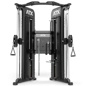A black ATX cable crossover machine with adjustable pulleys, weight stacks, handles, and attachments, designed for various strength training exercises in a gym setting.
