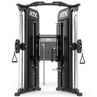 A black ATX cable crossover machine with adjustable pulleys, weight stacks, handles, and attachments, designed for various strength training exercises in a gym setting.