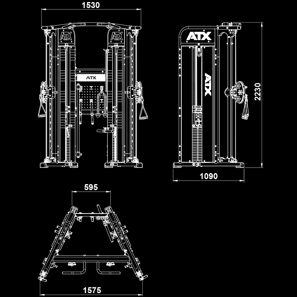 Technical line drawing of an ATX cable crossover gym machine, showing front, side, and top views with labeled dimensions: 1530 mm wide, 2230 mm tall, 1090 mm deep, and 1575 mm between supports.