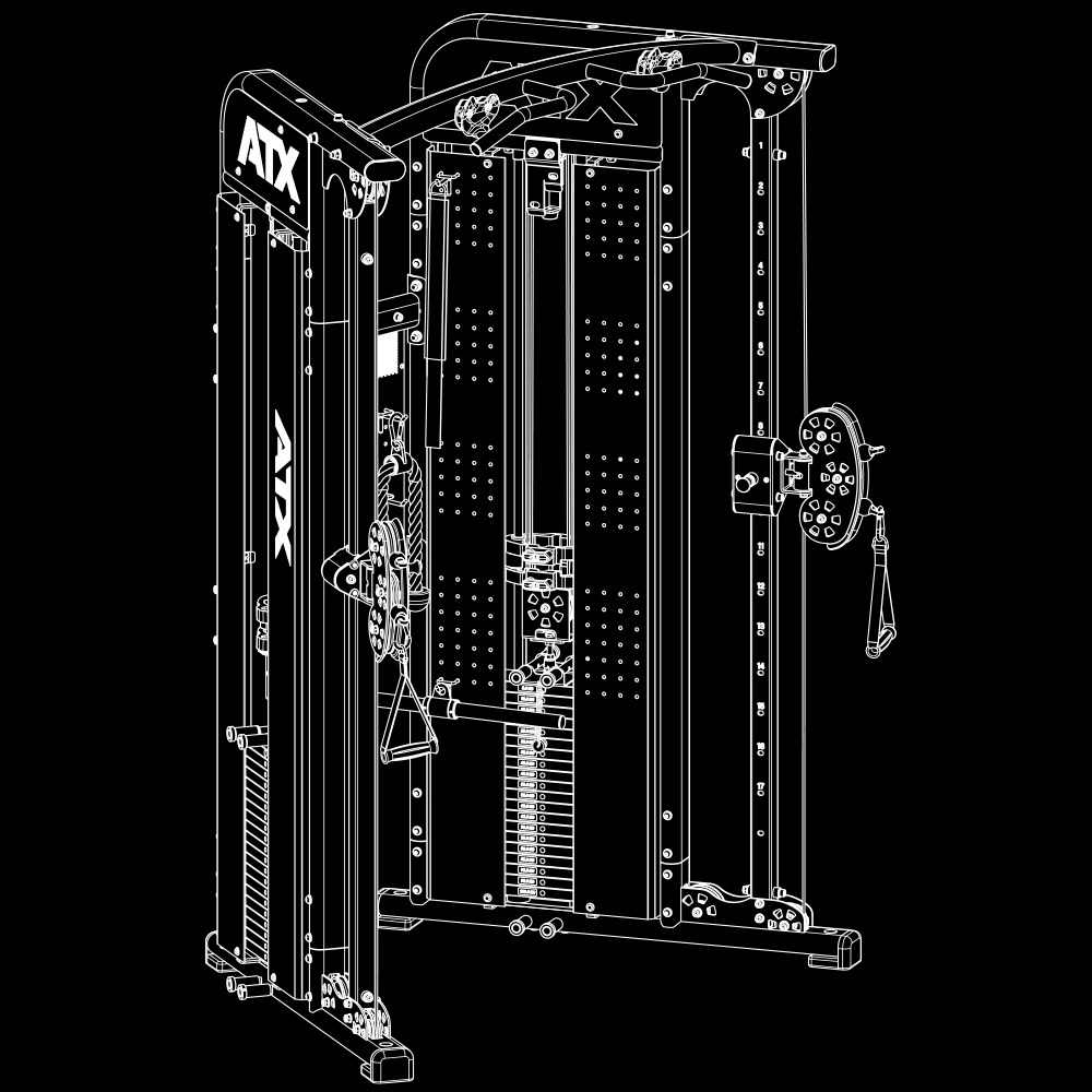 A line drawing of an ATX cable crossover machine with adjustable pulleys, weight stacks, and handles, used for strength training exercises in gyms.