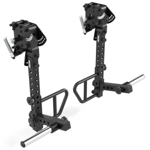 Two adjustable black metal squat rack attachments with numbered holes, safety arms, and horizontal weight plate holders, designed for use with a power rack for weightlifting exercises.
