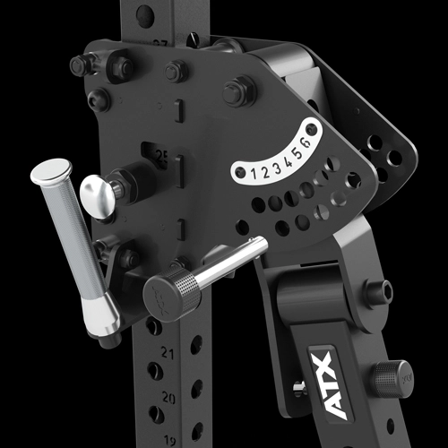 Close-up of a black metal adjustable gym attachment with numbered settings, bolts, and two chrome handles, mounted on a perforated vertical support bar labeled ATX.
