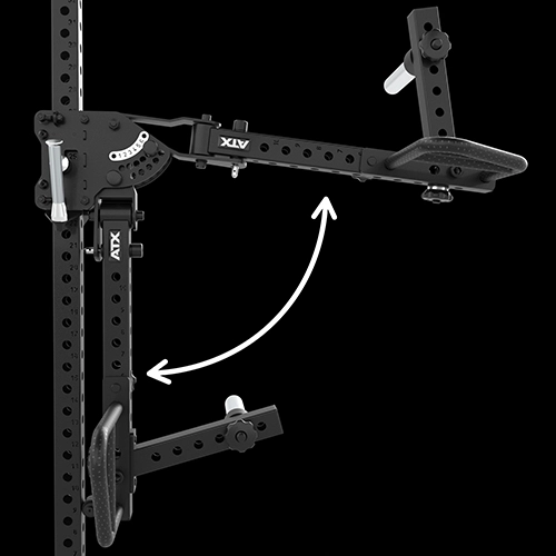 A black adjustable gym attachment with multiple holes and handles is mounted on a rack. A curved white arrow shows the arm’s range of motion for changing positions.