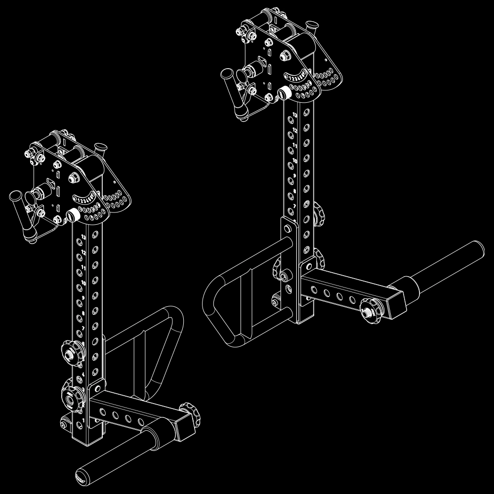 Line drawing of two adjustable weightlifting attachments with handles, pins, and multiple holes for height adjustment, shown on a black background. The attachments appear designed for mounting on gym equipment.