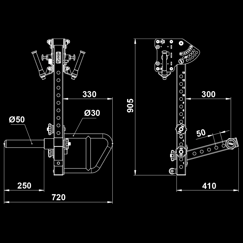 Technical drawing of a gym rack attachment with front and side views, showing detailed measurements in millimeters, hole diameters, and labeled components on a black background.