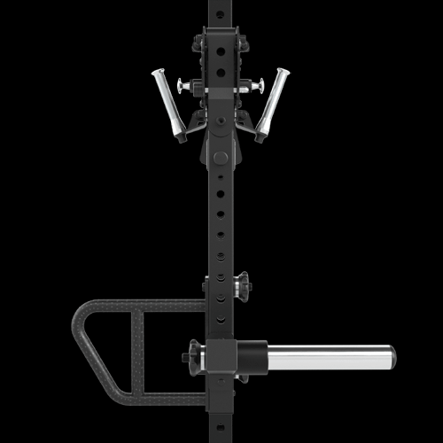 A close-up view of a black metal gym attachment with silver handles and a weight plate holder, designed for use with a squat rack or power rack, against a black background.