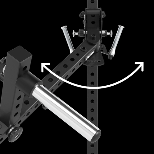 Close-up of a black adjustable gym attachment with metal handles and an illustrated white arrow showing the rotation or swing motion against a black background.