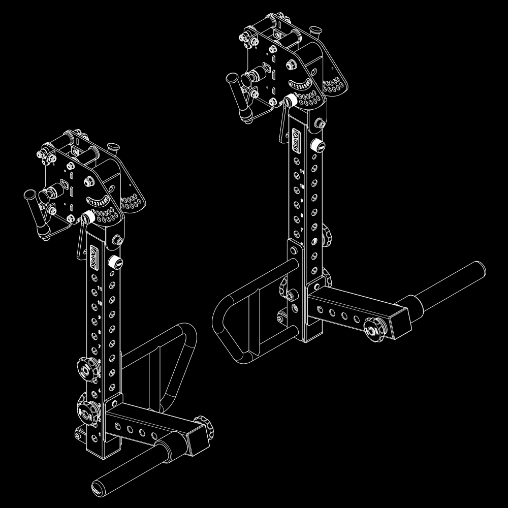 Pair of ATX® Jammers 3D Roller 600 Series adjustable gym rack attachments, shown in white outline on black. Each has multiple holes, handles, levers, and a cylindrical bar extending horizontally at the bottom.