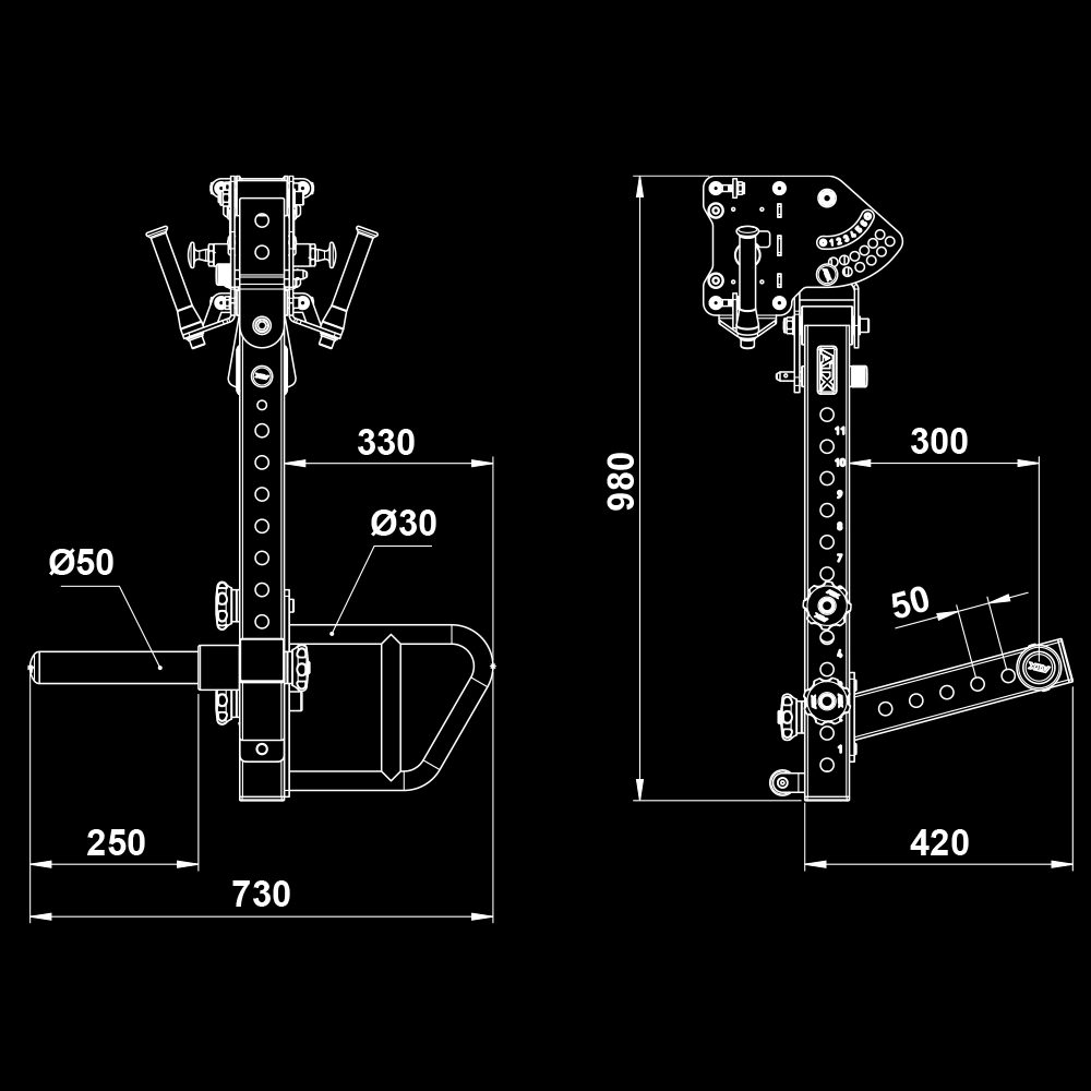 Technical drawing of the ATX® Jammers 3D Roller 600 Series metal bracket with jammer arms and multiple holes, shown in front and side views, detailing lengths, widths, and diameters in millimeters.