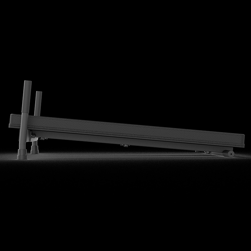 A side view of a modern treadmill with a sleek, black design, set against a dark background. The treadmill is angled upward, showing its incline feature and minimalist structure.
