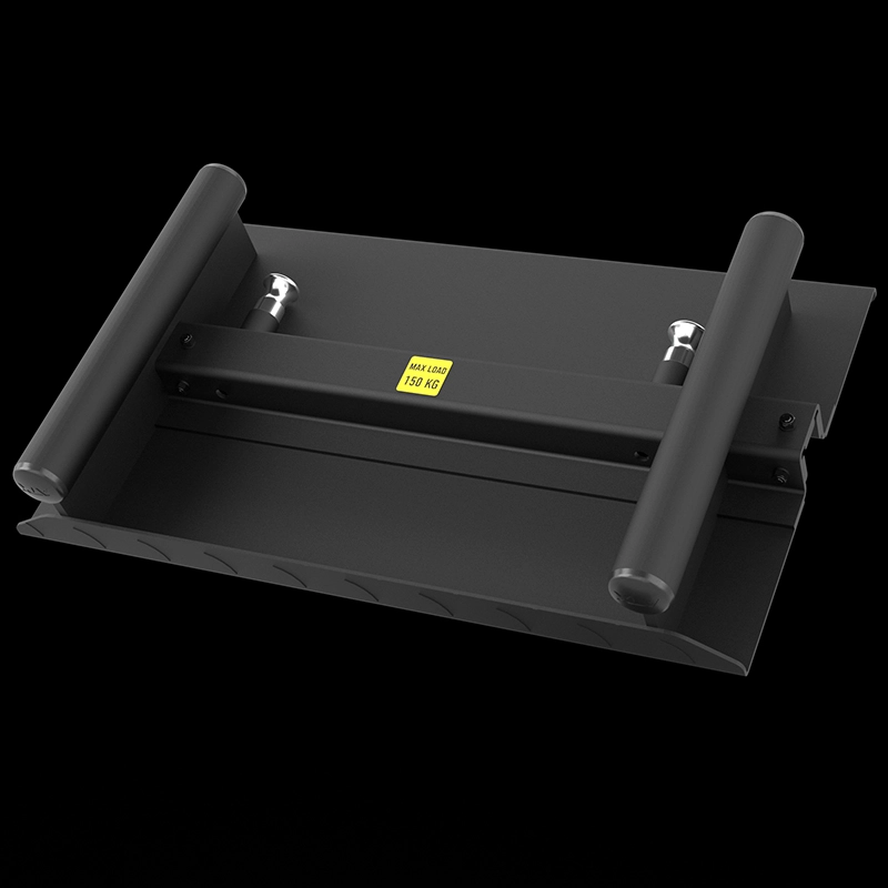 A black metal industrial tool or attachment with two cylindrical rollers, a flat base, and a yellow label that reads MAX LOAD 150 KG, shown against a plain black background.