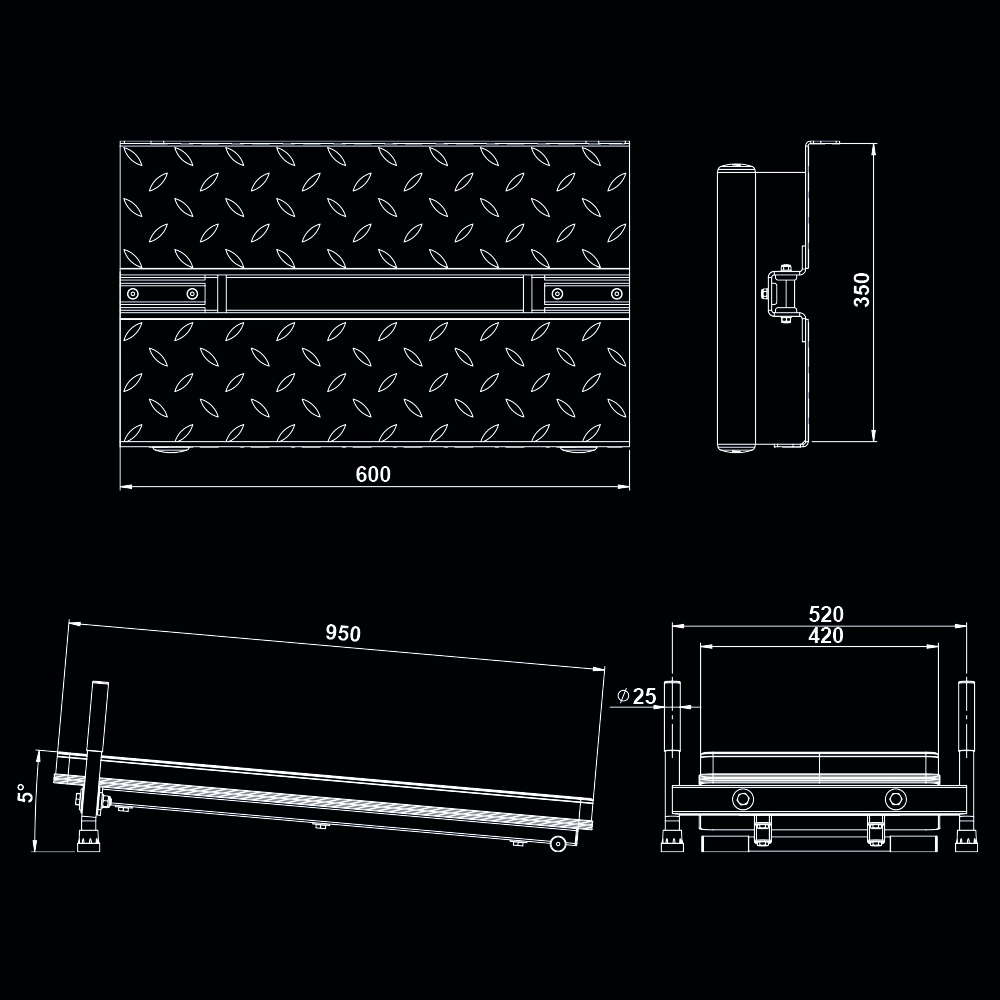 Technical drawing of a rectangular metal platform with patterned surface. Dimensions are marked: 600mm width, 350mm height, 950mm length, and 520/420mm base, with labeled angles and section views.