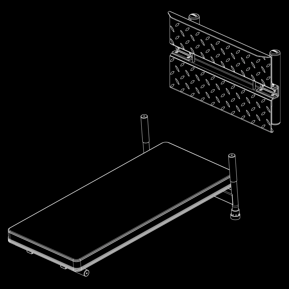 A technical line drawing of a bench with two vertical posts and an attached wall-mounted rack, shown on a black background. The image depicts the components in a simplified wireframe style.