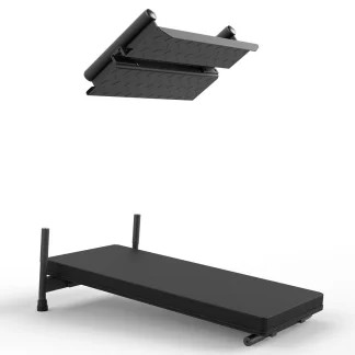 Black adjustable workout bench with a separate close-up view of the inclined backrest mechanism, shown against a plain white background.