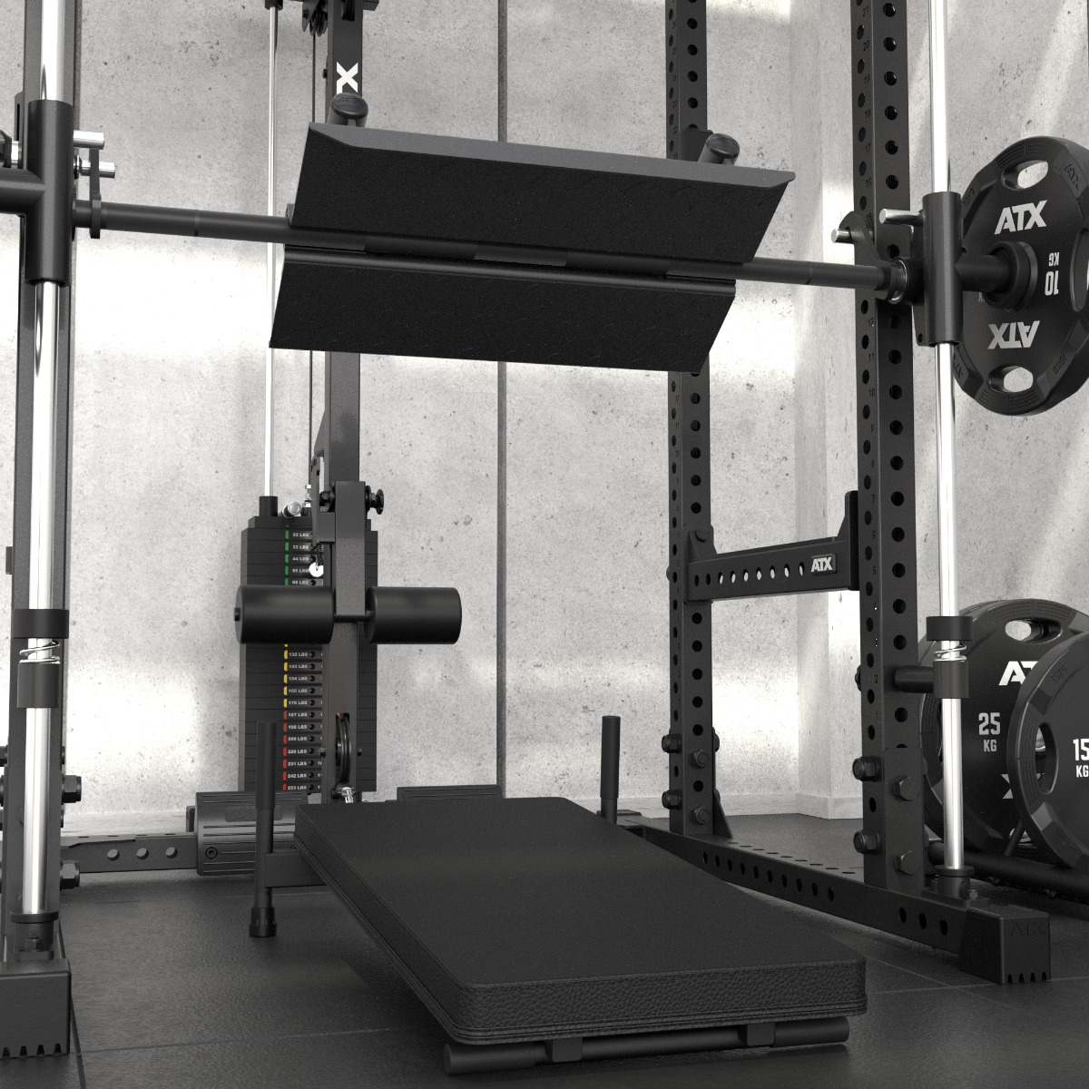 A black and silver gym machine with weights, a padded bench, and a barbell set up for bench pressing, placed against a concrete wall in a modern fitness facility.