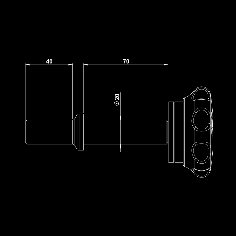 Technical drawing of a cylindrical mechanical part with a length of 110 mm, diameter of 20 mm, and a complex end featuring three circular cutouts; measurements are shown in millimeters on a black background.