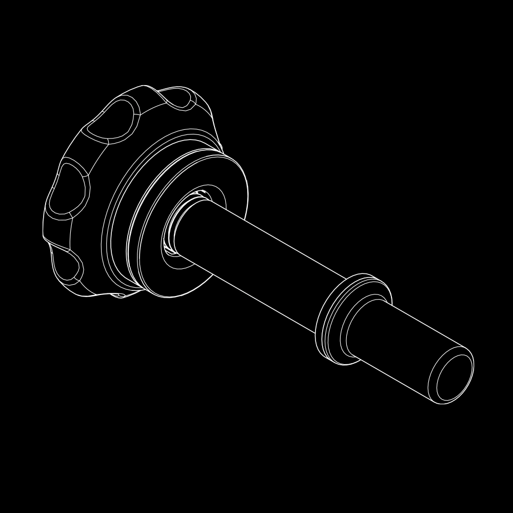 A white wireframe drawing of a mechanical component, possibly a gear shaft or valve handle, is shown on a black background. The object features a round, ridged knob attached to a cylindrical shaft.