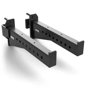 Two black metal squat rack arms with multiple adjustment holes and ATX branding, designed for weightlifting equipment. The arms are angled and have hooks for secure attachment to a rack.