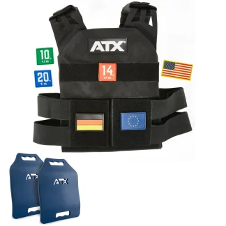 A black ATX® Tactical Weight Vest with Velcro, shown with a 14 kg label, green (10 kg) and blue (20 kg) labels, German/EU/US flag patches, and two blue ATX weight plates.