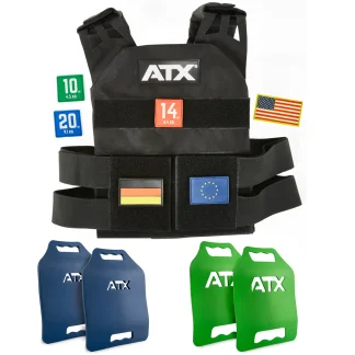 The ATX® Tactical Weight Vest (Copy) in black features orange, green, and blue weight patches, small German, EU, and American flag patches. Two blue and two green ATX weight plates are displayed below the vest.