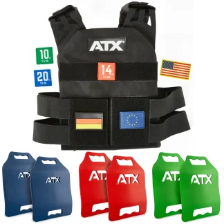 The ATX® Tactical Weight Vest (Copy) in black features flag patches, weight labels (10 kg, 14 kg, 20 kg), and four colored plates (blue, red, green), displayed on a white background.
