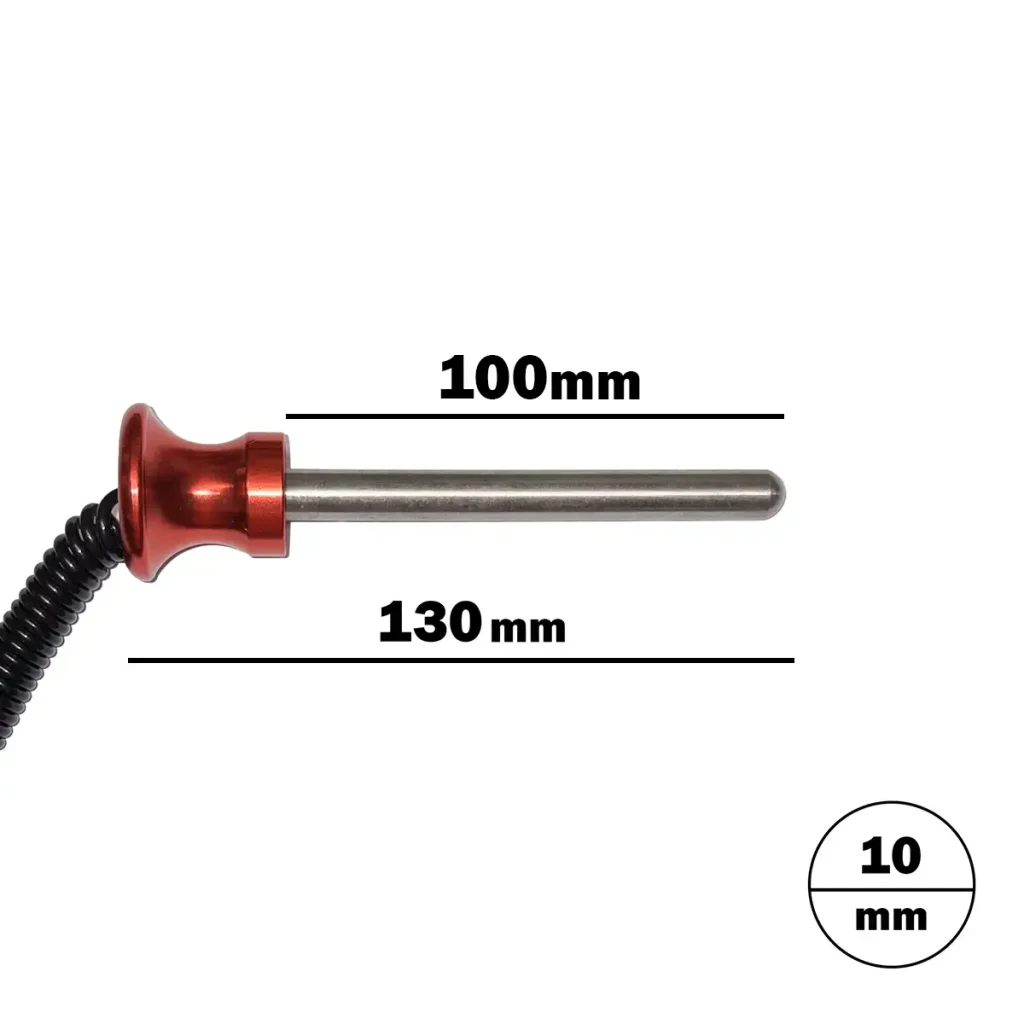 The Magnetic 10mmx100mm Alum Stack Pin LH features a metal rod with a red handle, measures 130 mm in length, has a 100 mm shaft and a 10 mm diameter, with measurement labels shown.