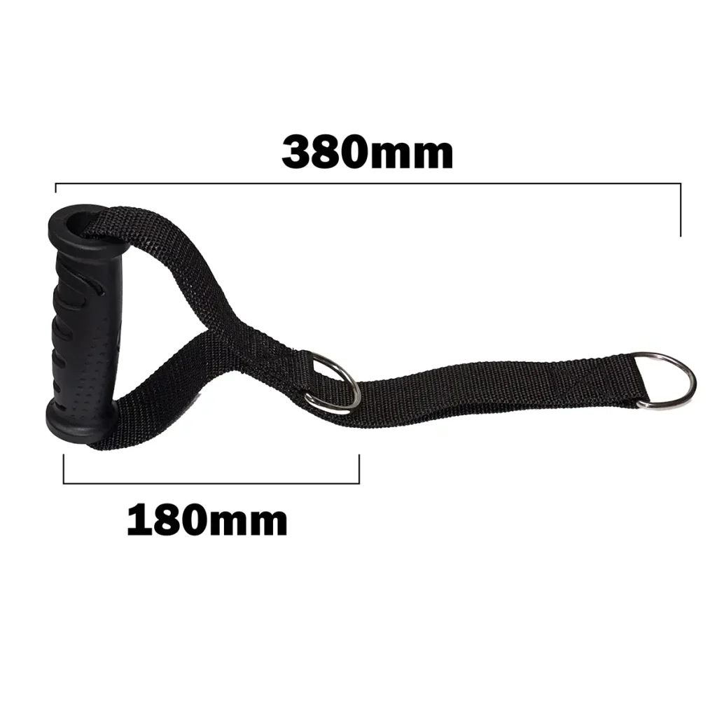 Black nylon strap with a textured rubber handle and two metal rings. The strap measures 380mm in length and 180mm in width, with measurements indicated by arrows and text in the image.
