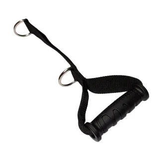A black exercise handle with a textured rubber grip, attached to a sturdy nylon strap with two metal D-rings at one end, typically used for cable machines or resistance bands.