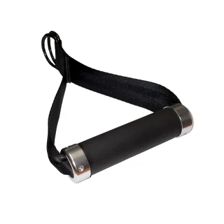 A black exercise handle with a padded grip and metal ends, attached to a sturdy black nylon strap, commonly used for cable machines or resistance bands in fitness workouts.