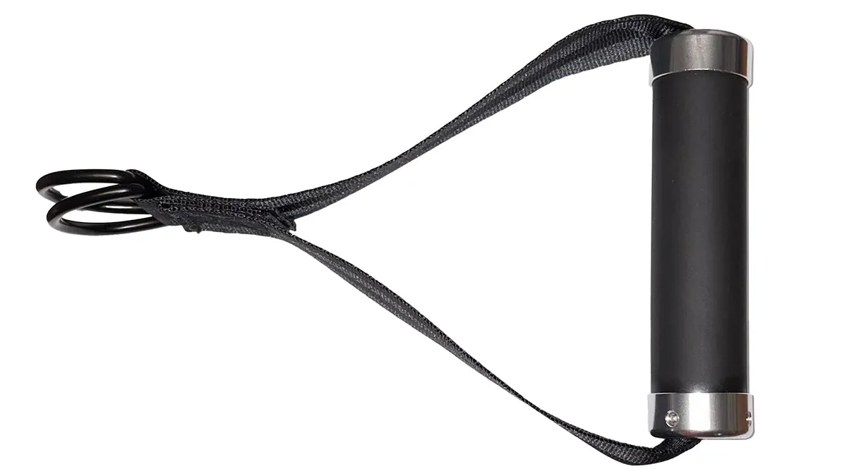 A black resistance band with a padded handle and a looped strap, typically used for strength training or physical therapy exercises.