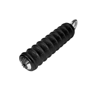 A black, ribbed, cylindrical object with metallic ends, isolated on a white background.