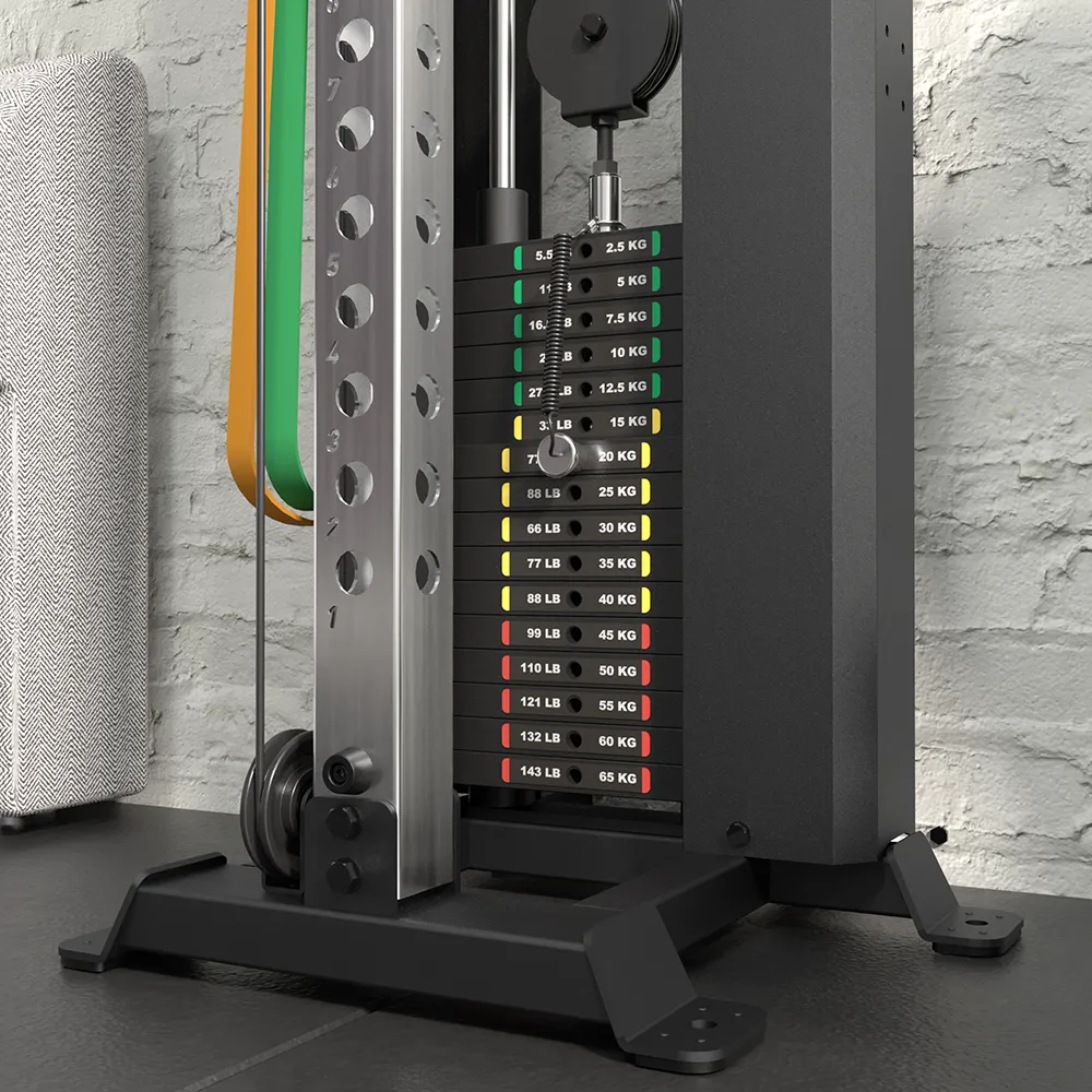 A close-up of the ATX® Single Cable Station - Wall Mounted (Copy) weight stack, featuring numbered kilogram plates, colored bands, and a pin selector, set against a white brick wall and dark flooring.